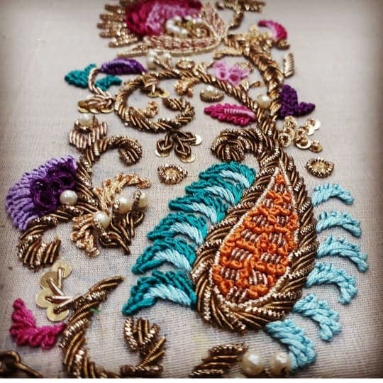 Silver dabka and zari close-up detail